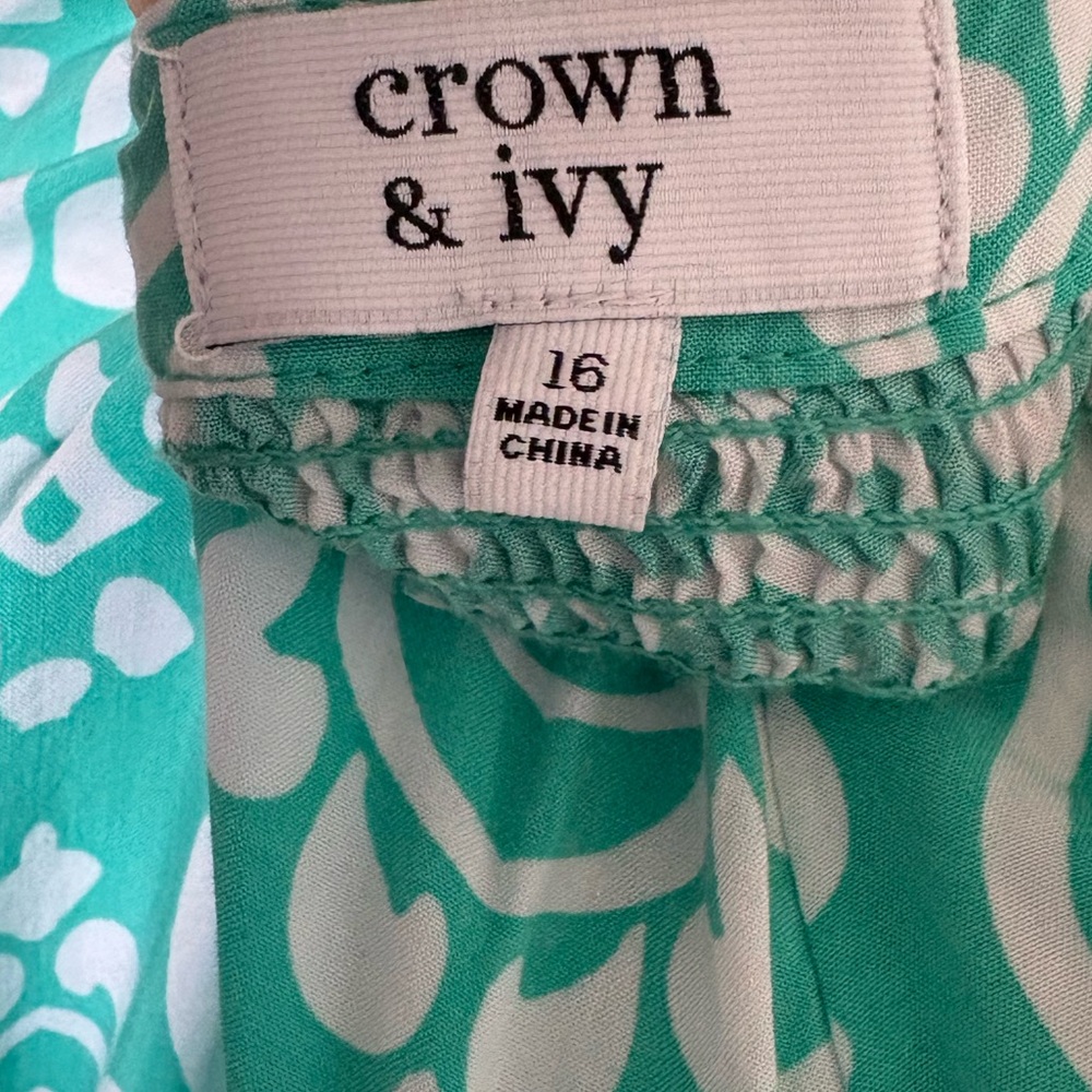 Crown & Ivy 3/4 Sleeve Button Down Drawstring Dress Teal Blue Green White Sz 16 - Picture 8 of 9